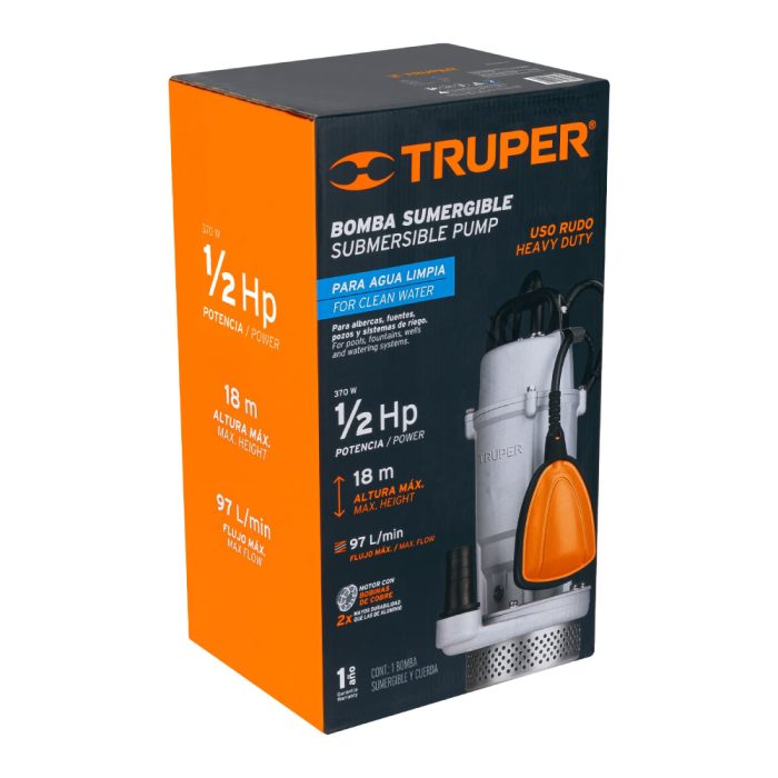 BOMBA SUMERGIBLE METALICA PARA AGUA LIMPIA USO RUDO 1/2HP TRUPER - Imagen 3