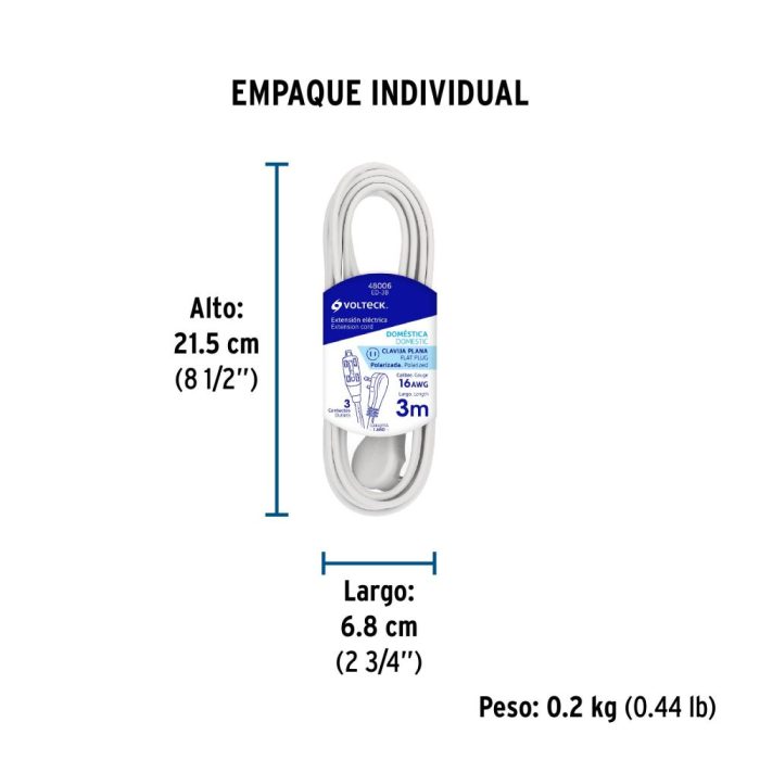 EXTENSION ELECTRICA DOMESTICA 3MTS BLANCA 2X16 VOLTECK - Imagen 2